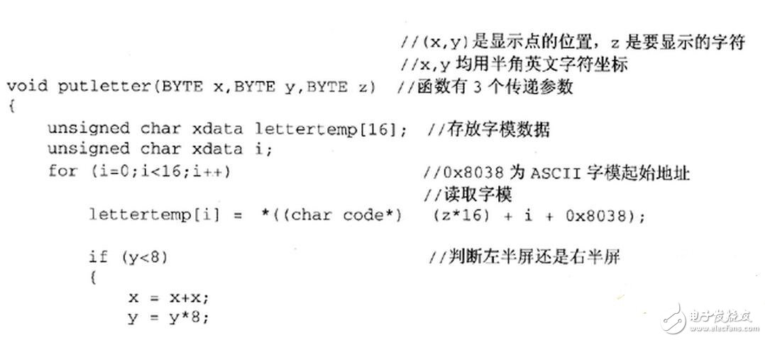 系統中顯示部分的子程序與字模數據結構互相關聯，這里將ASCII字符顯示子程序和單獨顯示漢字字模的子程序列出來，根據這兩個子程序也可以看出顯示部分的顯示程序實現原理