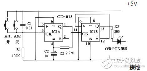 CD4013集成電路信號傳送特性及應用電路（多地控制燈開關(guān)）