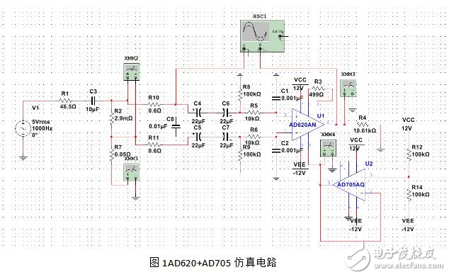 AD620與AD705構成的電路仿真