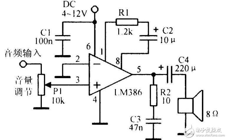 音頻功率放大器LM386引腳圖及功能_工作原理_電氣參數及應用電路圖