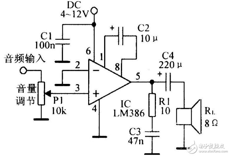 音頻功率放大器LM386引腳圖及功能_工作原理_電氣參數及應用電路圖