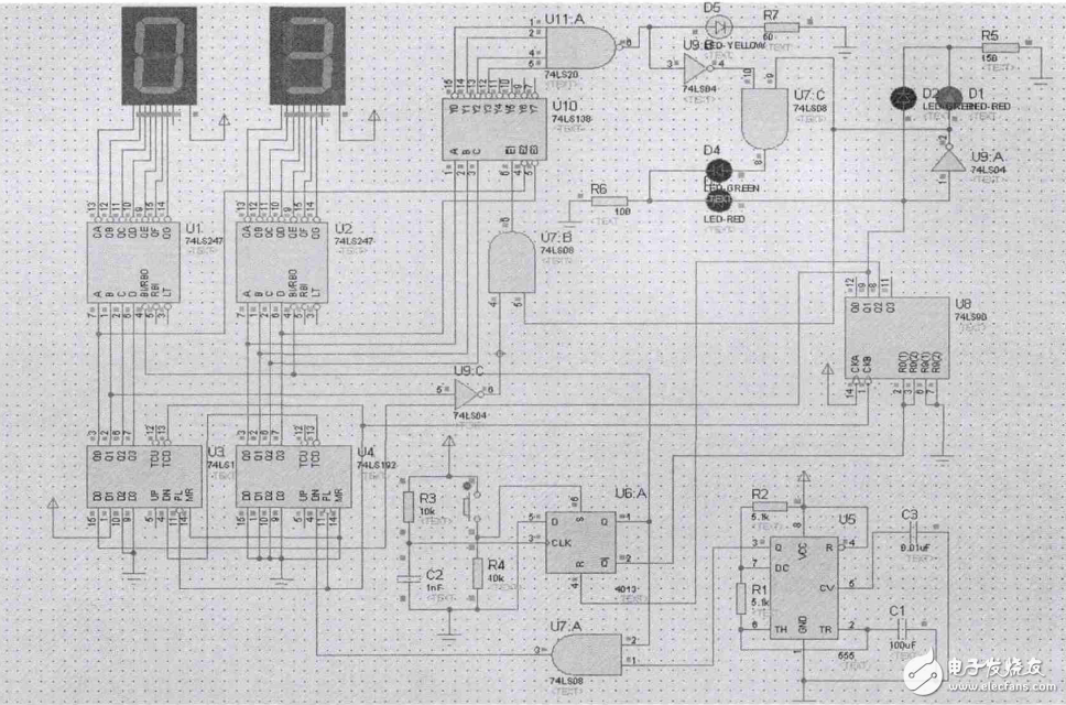 基于74LS192的級聯(lián)實現(xiàn)紅綠燈的倒計時設(shè)計（附紅綠燈設(shè)計仿真電路）